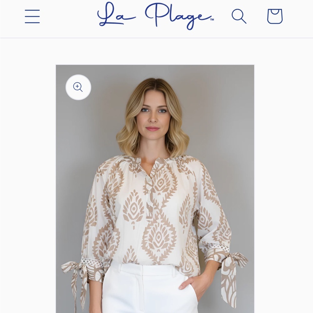 La Plage Margot Top with Ties- Batik Leaf- White/Sheer Bliss